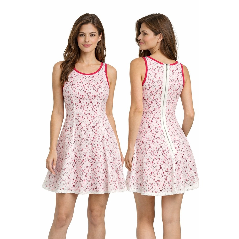 Buttons‎ Floral Lace Fit and Flare Dress Women Medium Pink White Exposed Zipper
